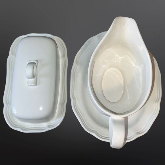 4 PC White Mikasa French Countryside Gravy Boat With Plate & Covered Butter Dish - Picture 7 of 9